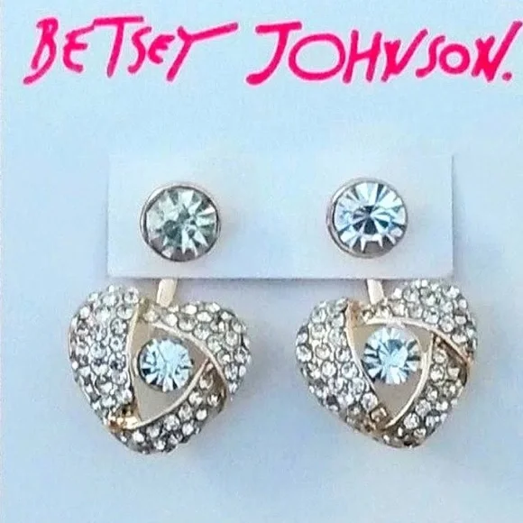 New Betsey Johnson Pave Heart Front & Back Earrings - Picture 5 of 10